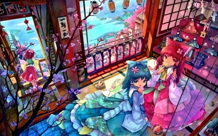 ANIME - girls, window, petals, colorful, anime, maidens, flowers