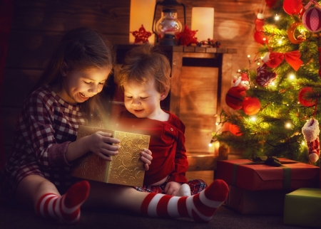 Surprise - christmas, boy, craciun, girl, gift, children, tree