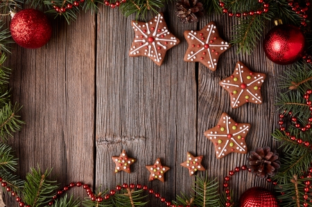 Merry Christmas! - star, gingerbread, wood, brown, deco, christmas, cookie, craciun, card