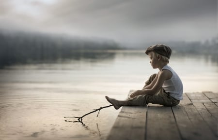 Little boy - hat, kid, water, lying, forest, child, tree, boy, river, nature, green, sit, little, sky, feet