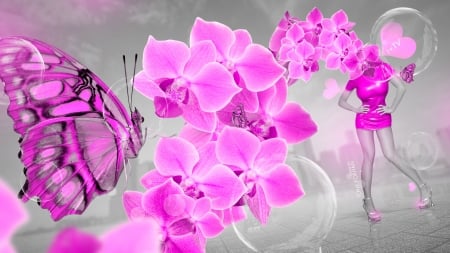 Fantasy - creative, butterfly, fantasy, pink, orchid, bw, tony kokhan, girl