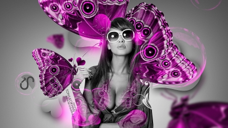 Beauty - woman, girl, sunglasses, creative, fantasy, model, butterfly, pink, tony kokhan