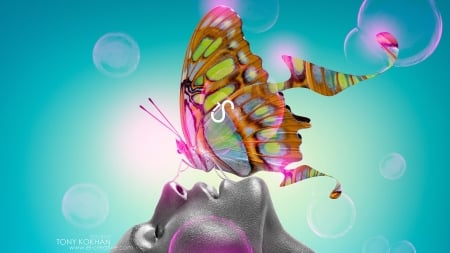 Butterfly kiss - woman, girl, profile, creative, fantasy, model, butterfly, pink, blue, tony kokhan