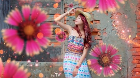 Beauty - summer, flower, pink, model, tony kokhan, girl, redhead, creative, fantasy, hat, woman