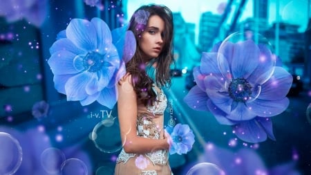 Beauty - creative, flower, fantasy, model, tony kokhan, girl, woman, blue