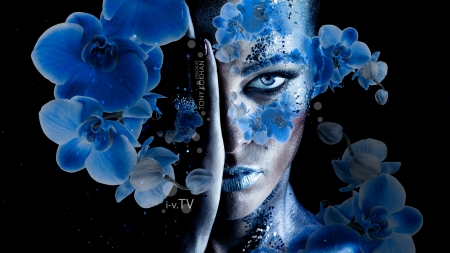 Beauty - face, flower, black, model, girl, tony kokhna, blue, creative, fantasy, eye, woman