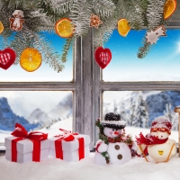 Vintage wooden window overlook winter landscape