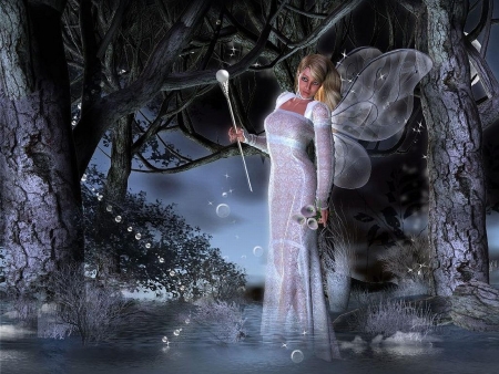 Lovely Winter Fairy - wings, fairy, fantasy, trees