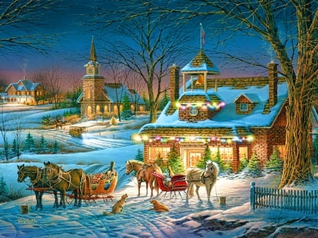 Evening rehearsals - peaceful, winter, rehearsal, christmas, painting, village, art, evening, horse, snow, house