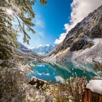 Winter landscape with mountain and lake