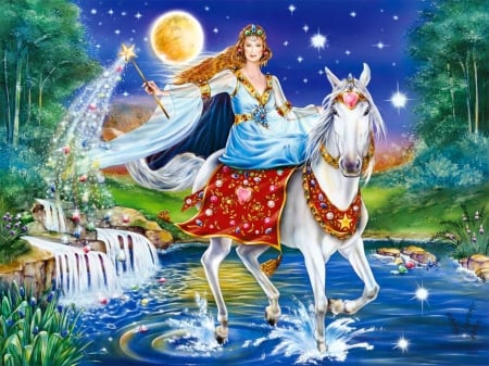 Princess on Her Horse - fantasy, trees, water, horse