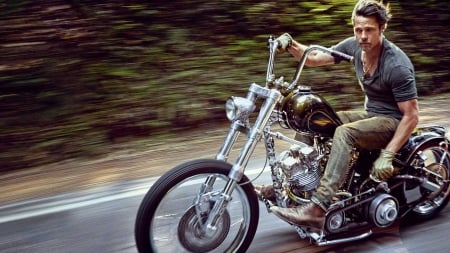 Brad Pitt - mark seliger, man, brad pitt, actor, motorcycle, road