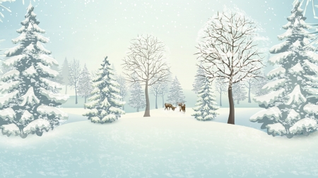 Quiet in the Forest - fawns, trees, snow, winter, field, deer, firefox persona theme