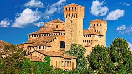 Levizzano Castle,Italy - trees, ruins, clouds, castle, medieval, mounains, grass, rocks