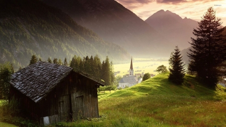 Wooden Cabin in the Sunrise - clouds, trees, nature, cabin, sunrise, forest, mountain, sky