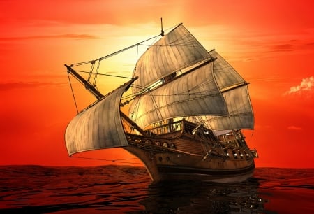 tall ship - sunset, ship, ocean, sails, tall