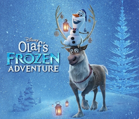 Olaf's Frozen Adventure (2017) - snowman, movie, olafs frozen adventure, fantasy, poster, white, reindeer, blue, luminos, disney, tree