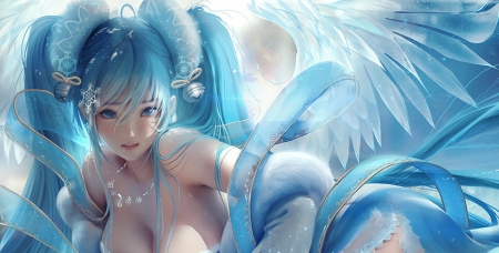 Snow Angel Sona - winter, league of legends, blue, sakimichan, fantays, frumusete, white, iarna, snow angel sona, luminos