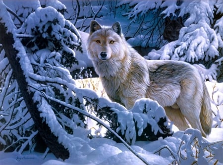 Wolf - lup, iarna, winter, wolf, white, painting, art, jerry gadamus, blue, snow, pictura