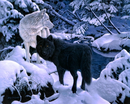 Wolves - winter, wolf, snow, black, lup, pictura, white, jerry gadamus, painting, iarna, luminos