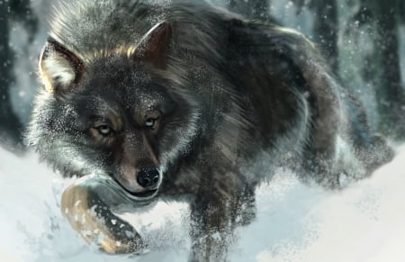 Wolf - animal, winter, iarna, lup, art, wolf, fantasy, pictura, luminos, painting