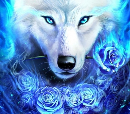 White wolf with a rose - winter, blue, wolf, trandafir, eyes, frumusete, lup, fantasy, white, iarna, rose, luminos