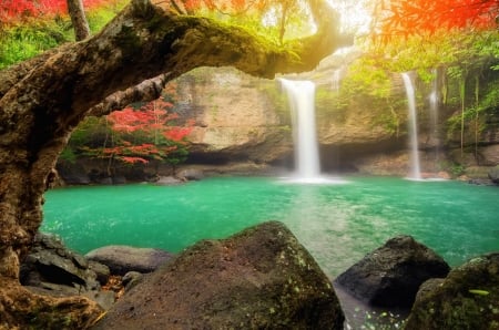 Rocky Waterfall Paradise - Sunshine, Nature, Lakes, Waterfalls, Rocks