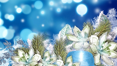 Shine on Blue Christmas - bokeh, ice, candle, light, christmas, frost, blue, flowers, feliz navidad, firefox persona theme