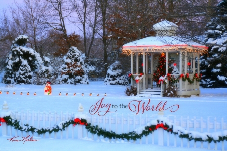 Joy to the World - snowman, attractions in dreams, xmas and new year, winter, gazebo, christmas, christmas tree, love four seasons, holidays, winter holidays, decorations, snow