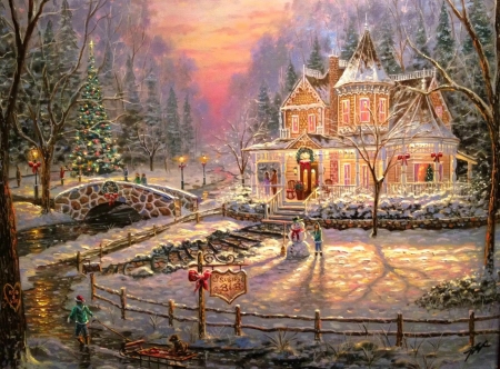 Christmas Homecoming - Christmas Tree, snowman, winter, attractions in dreams, snow, holidays, xmas and new year, home, Christmas, love four seasons, houses, winter holidays