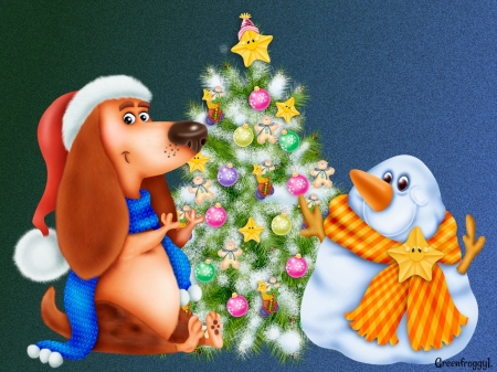 SNOWMAN AND DOG - snowman, image, abstract, dog