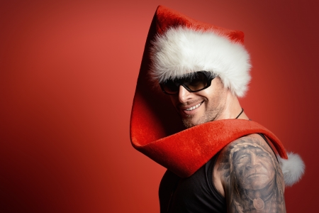 Young Santa - hat, tattoo, man, christmas, santa, white, craciun, red, young, sunglasses