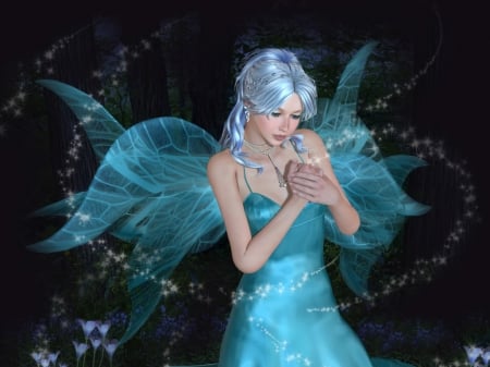 Blue fairy - wings, fantasy, black, fairy, luminos, girl, blue