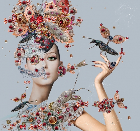 Surrealist fashion - tina cassati, woman, girl, fashion, bird, model, surrealist, hand, insect, fantays, flower