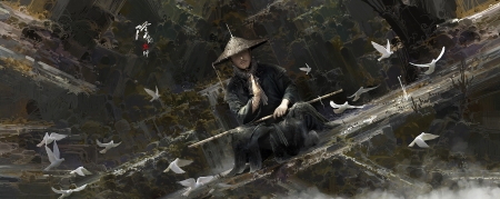 Zen - hat, bird, dove, man, black, fantasy, white, zen, pasare, art, asian, luminos