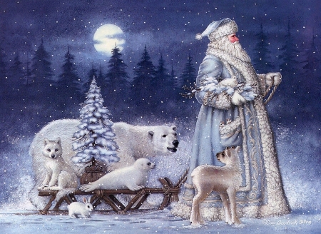 Santa - moon, craciun, winter, bluelpolar bear, old man, fantasy, christmas, white, santa, art, luminos, animal, luna