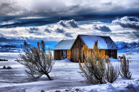 Old Cabin in Winter - sky, landscape, snow, bush, clouds