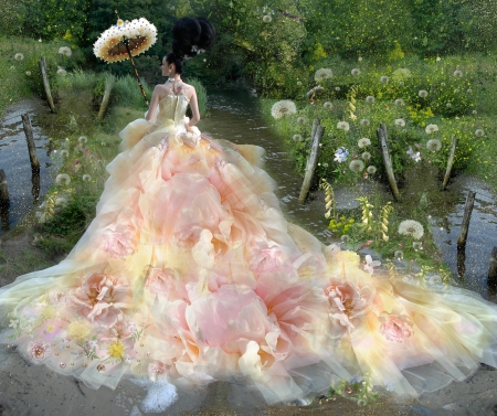 Beauty - tina cassati, woman, parasol, vara, girl, summer, fantasy, art, surrealist, pink, dandelion, luminos, umbrella, green, dress