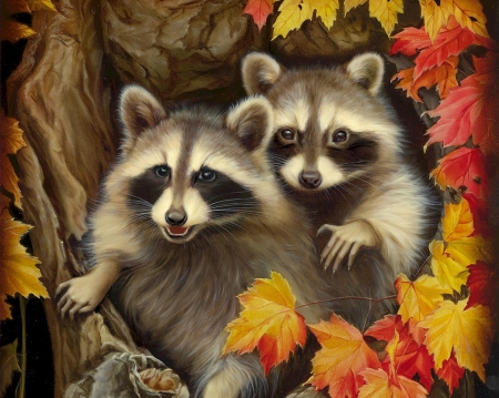 Raccoons - autumn, couple, leaf, painting, raton, irina kouznetsova, art, yellow, raccoon, luminos, red, animal, pictura, cute