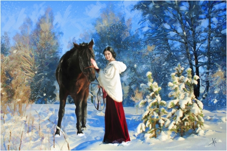 Girl with horse - winter, blue, snow, girl, horse, pictura, painting, art, luminos