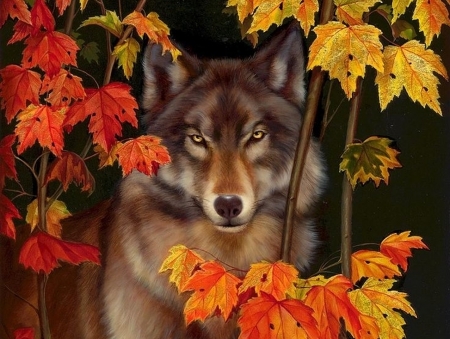 Wolf - red, animal, lup, yellow, art, wolf, irina kouznetsova, pictura, leaf, orange, luminos, painting, autumn