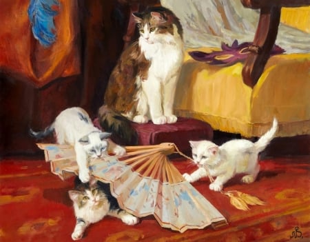 Kittens - fan, pisica, kitten, painting, hand fan, art, animal, pictura, cute