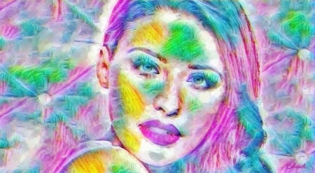 Antonia - abstract, Antonia, yellow, blue, iacobescu, portrait, singer, pink, cehenot, romanian, colorful, pictura, green, painting, face, art