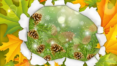 Autumn to Winter - fall, abstract, winter, snowflakes, autumn, pine, pine cones, leaves