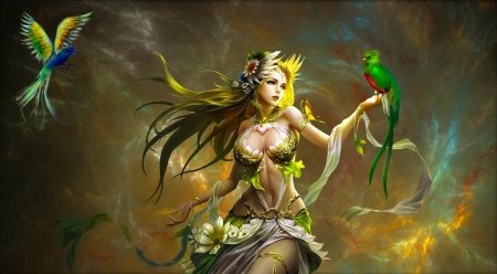 Bird Fairy - woman, sunflower, girl, summer, lovely, fantasy, bird, art, pretty, beautiful, digital