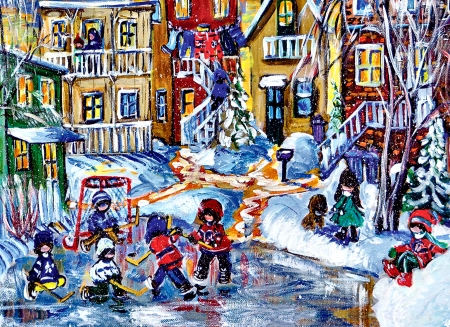 The Usual Gang - winter, people, artwork, beautiful, snow, wide screen, illustration, painting, art