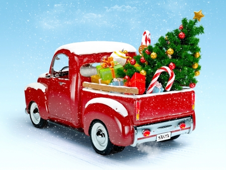 santa's pick up - truck, santa, pick up, tree