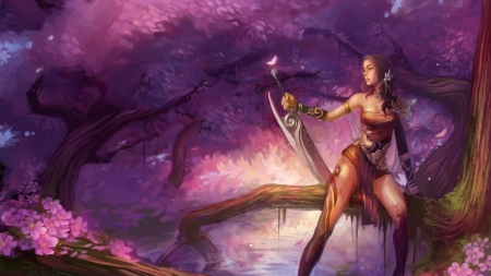 woman warrior - warrior, sword, flower, tree, woman