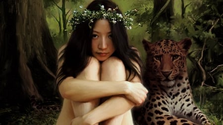 jungle girl - leapard, tree, girl, jungle