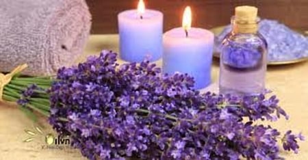 Spa treatment - oil, towel, flowers, candles, lavender